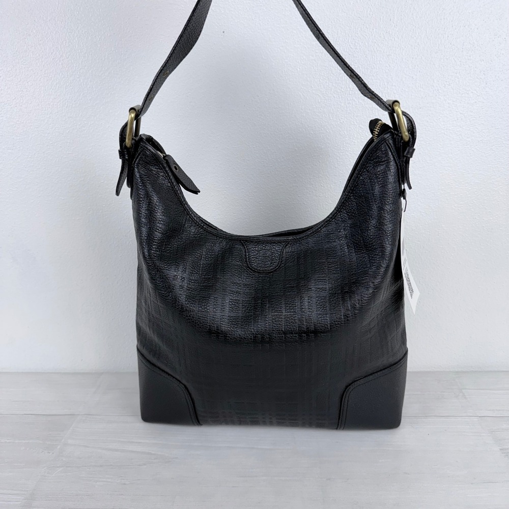 Burberry Hobo Bag Black Embossed Leather Check Quiet Luxury Chic Office Work Bag